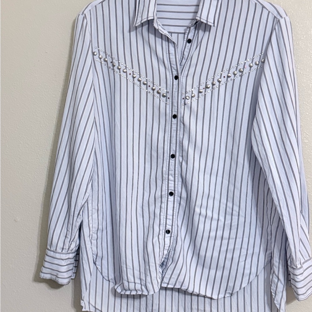 Sandro Paris Blue Striped Embellished Button Down Shirt - Picture 4 of 6
